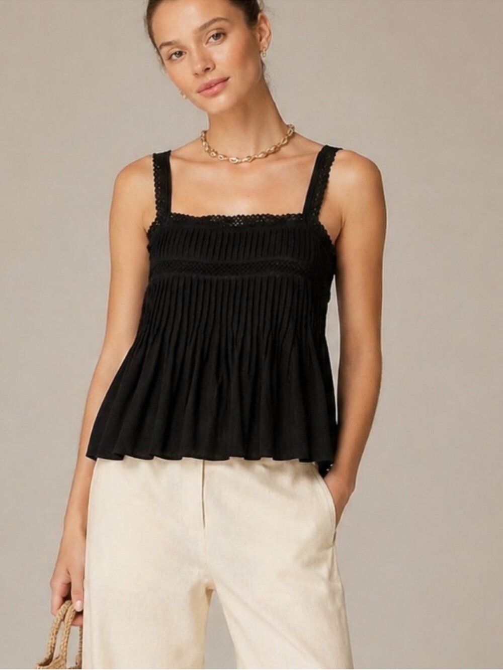 NWT J. Crew Ramie Lace Trim Tank Black - Picture 5 of 5